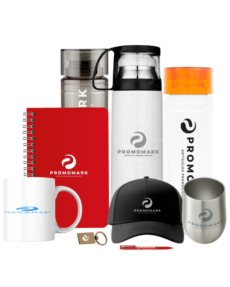 Variedad de artículos promocionales personalizados con logo: termos, libreta, taza, gorra, vaso, pluma y llavero